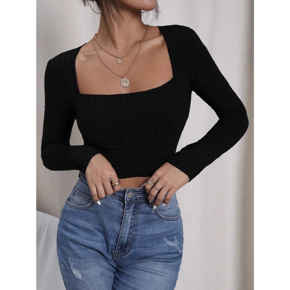 Boho Gypsy Dreamer Tops - Square Neck Ribbed Knit Crop Tee long sleeve minimalist y2k black